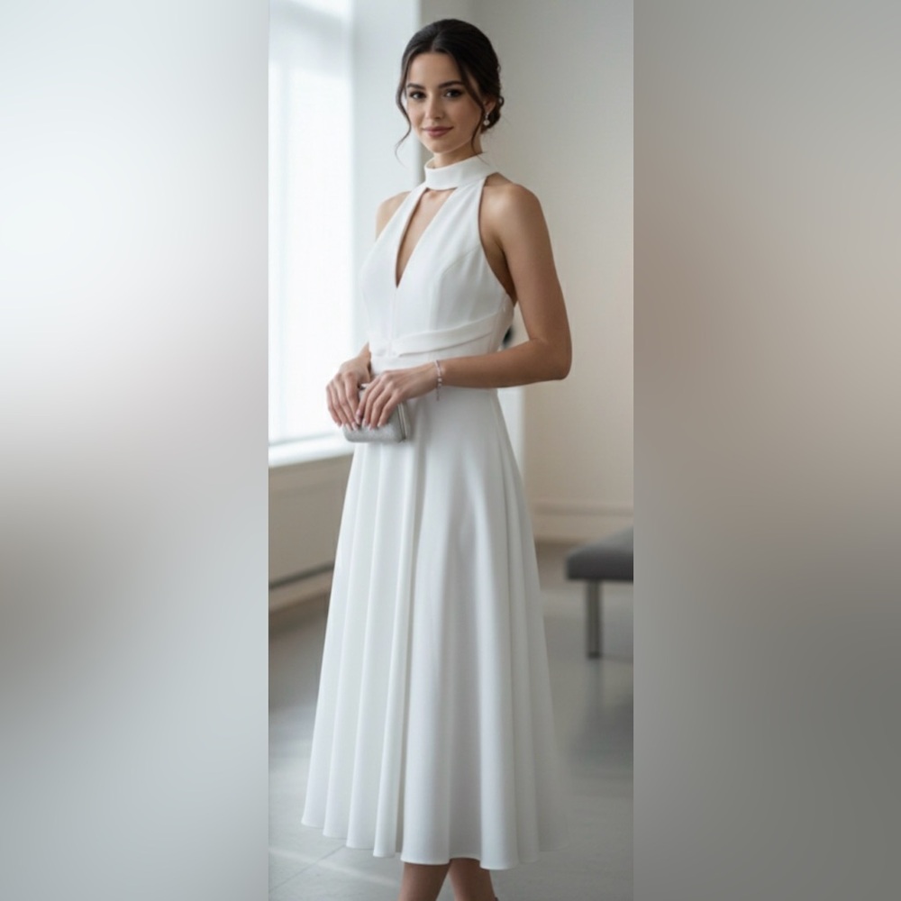 Black Halo Caelith Halter Elegant White Midi Dress Size 12